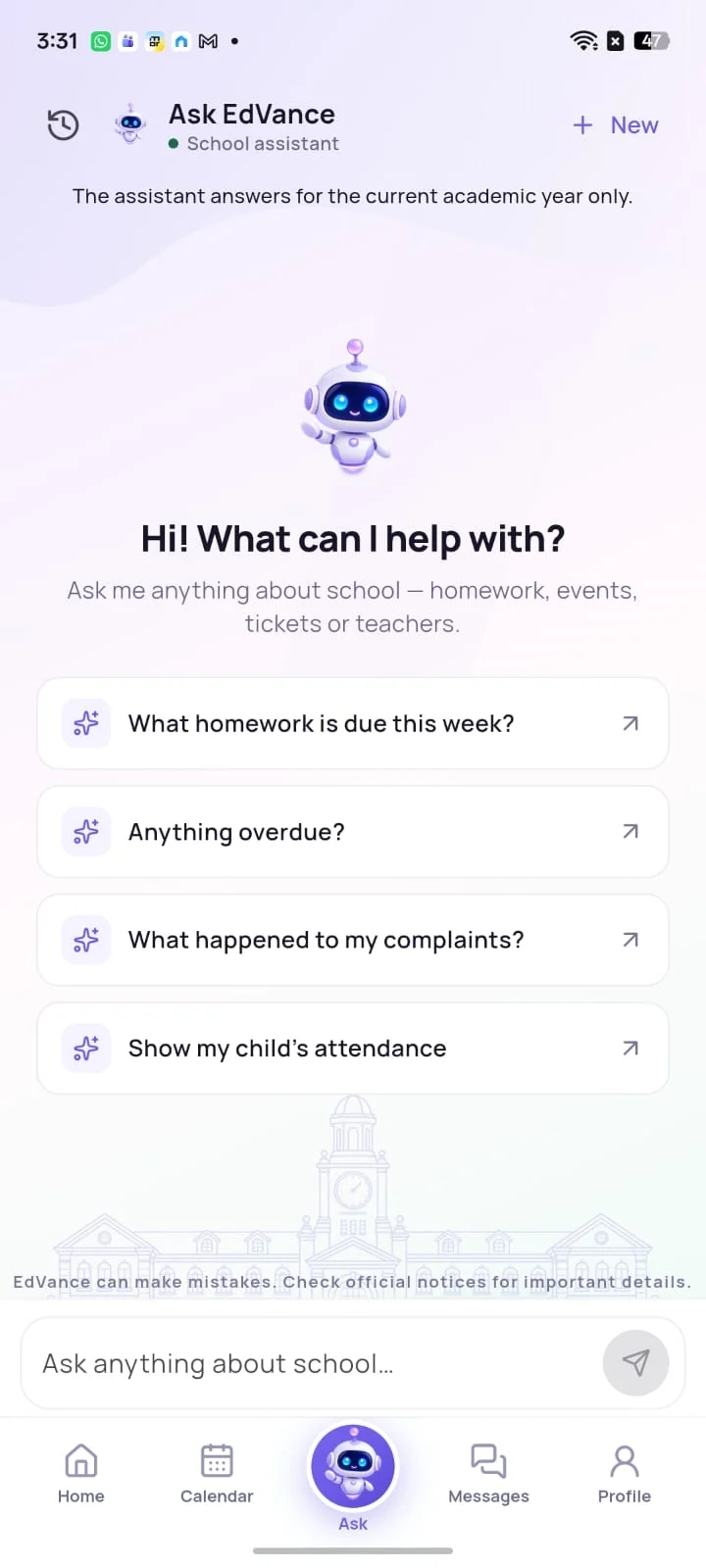 Ask EdVance start screen with suggested questions