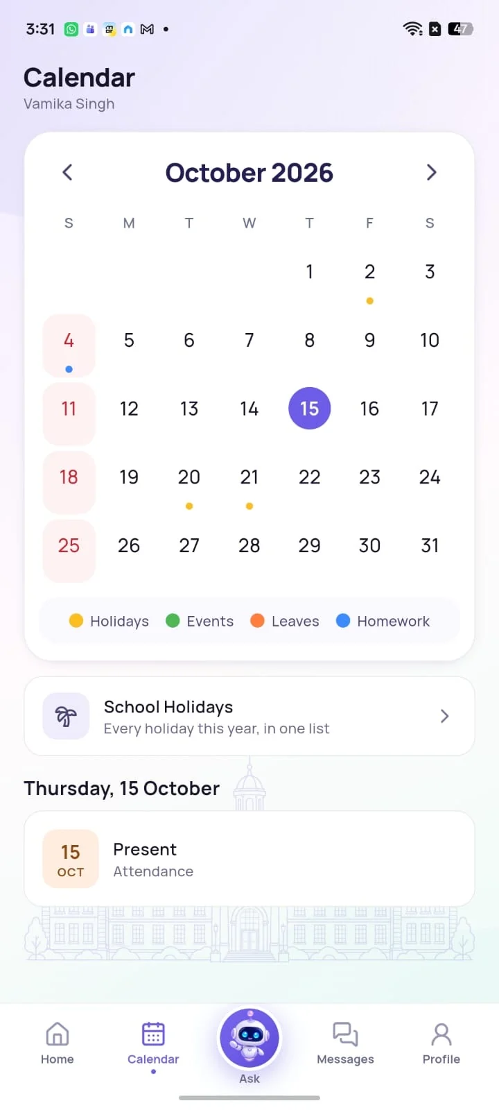 Unified calendar showing attendance, school holidays, events, leave and homework