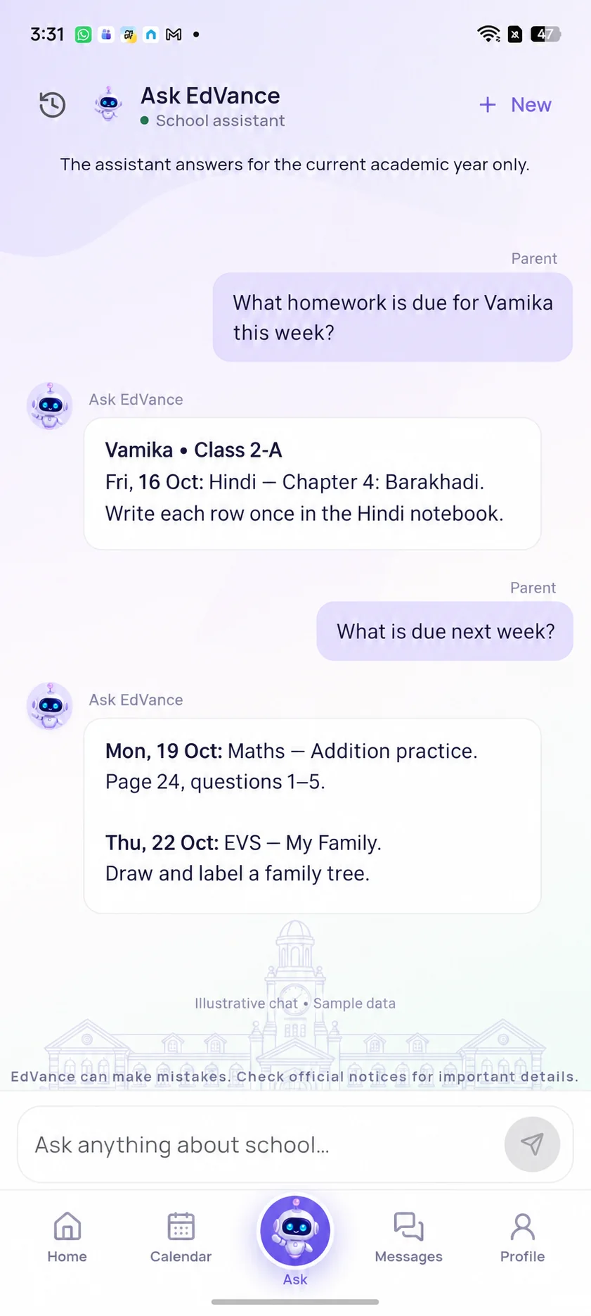 Ask EdVance answers a parent’s homework questions for Vamika, Class 2-A