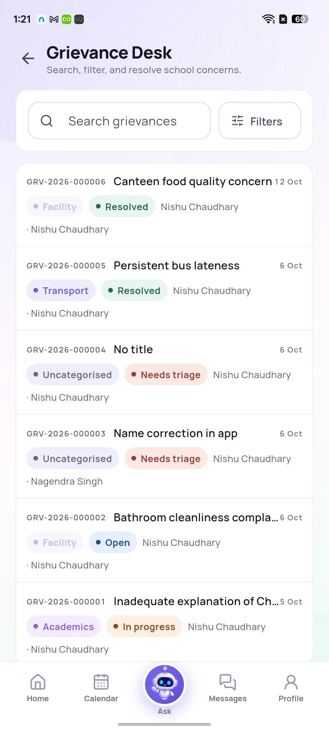Grievance Desk with concern categories, owners and resolution statuses