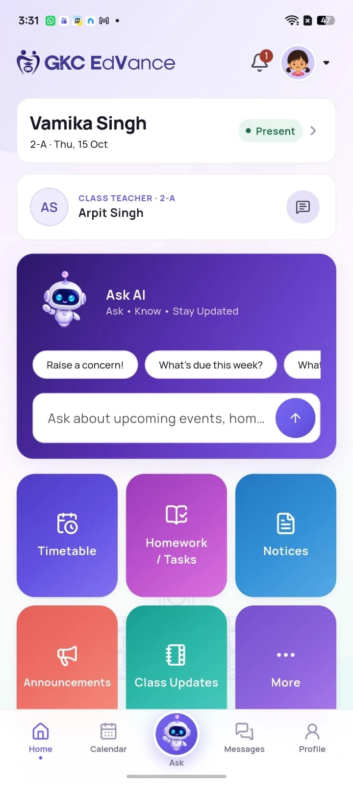 Parent home showing a child’s attendance, class teacher and school updates
